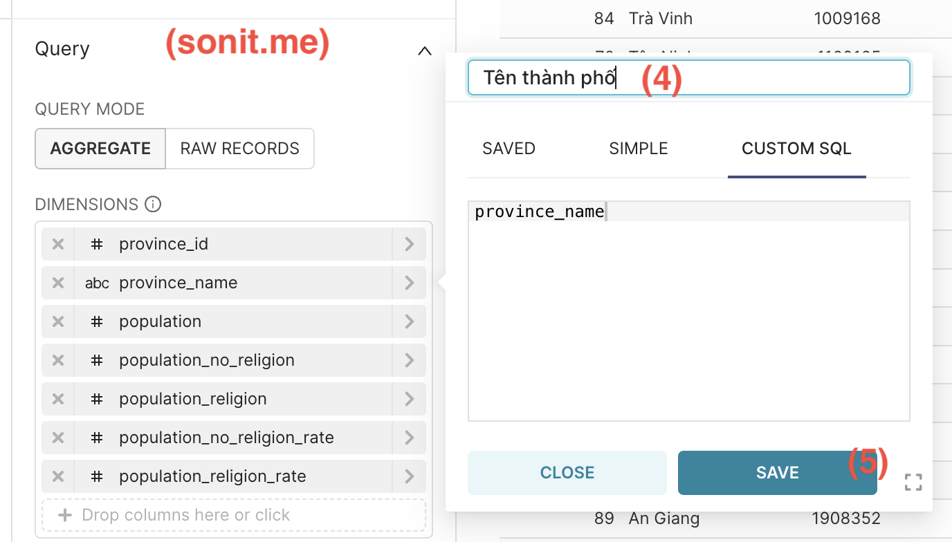 Apache Superset Table Chart đổi tên cột